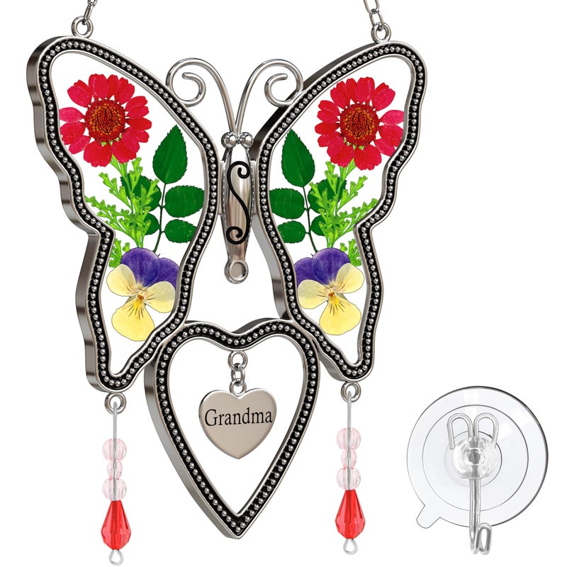 KUNDGLA فراشة Suncatcher الجدة زجاج الشمس الماسك أجنحة زهرة حقيقية مضغوطة في فراشة زجاجية Suncatchers الجدة هدية عيد ميلاد زخرفة للنوافذ مع سحر القلب المعدني - Image 1